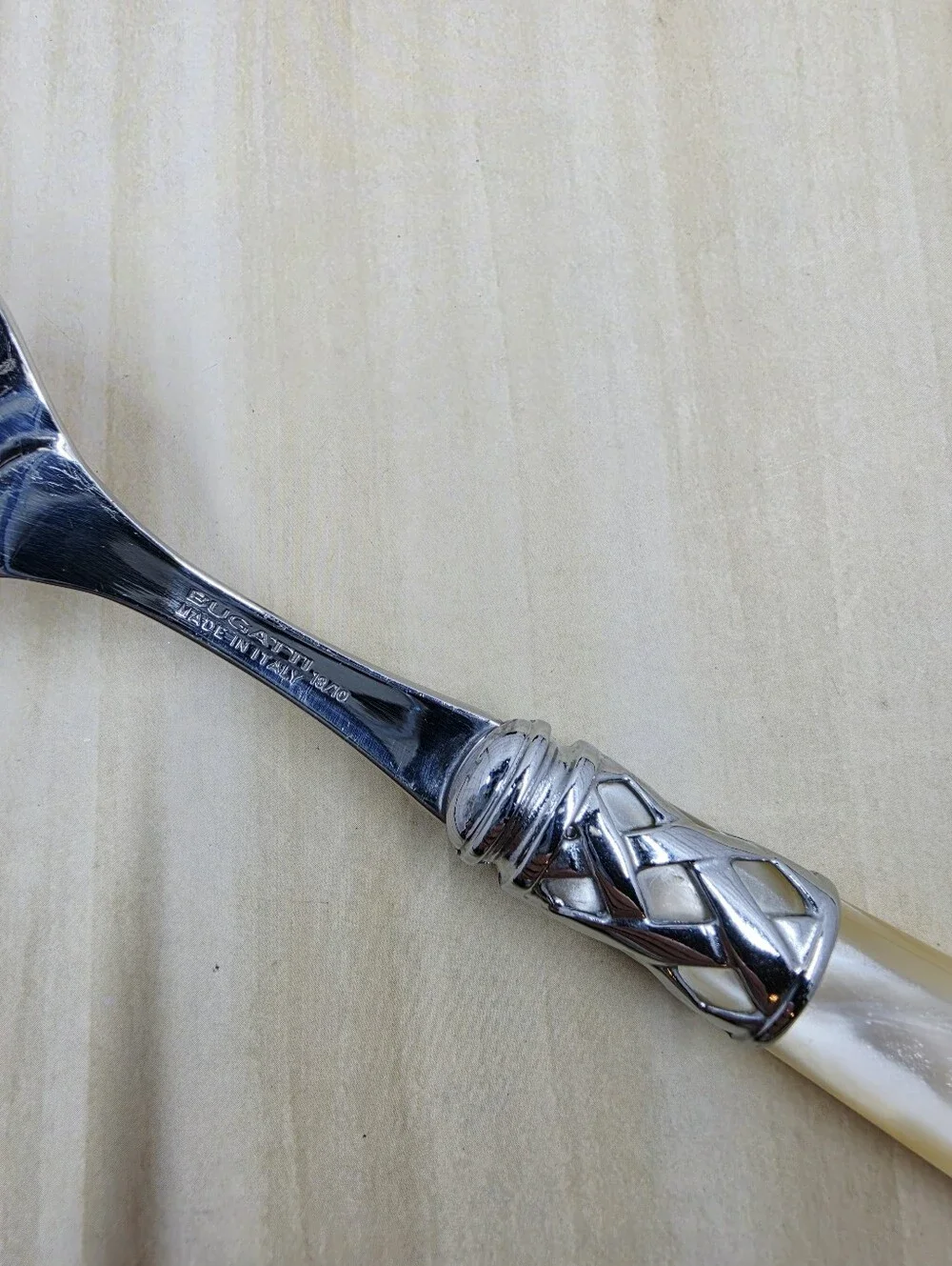 Bugatti Serving Fork Cream Pearl Handle Silver Lattice Stainless 18/10 Italy